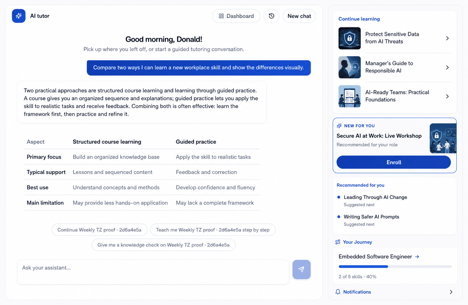 Upskillable AI Tutor with realistic course covers, contained enrollment controls, recommendations, and learner-journey progress
