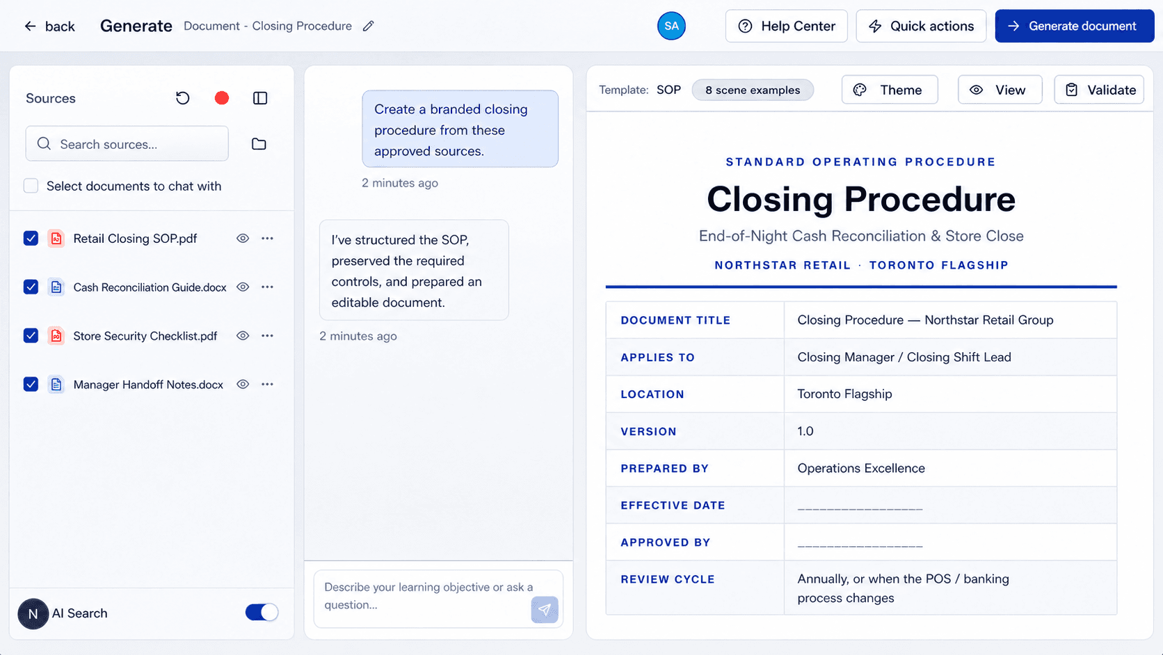 Upskillable Generate Studio showing four selected operating documents, an AI-guided request, and a polished closing-procedure preview