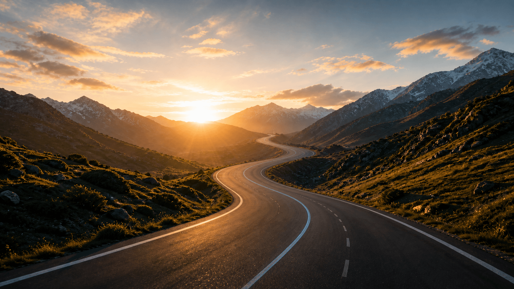 A forward road illuminated by a blue path toward sunrise