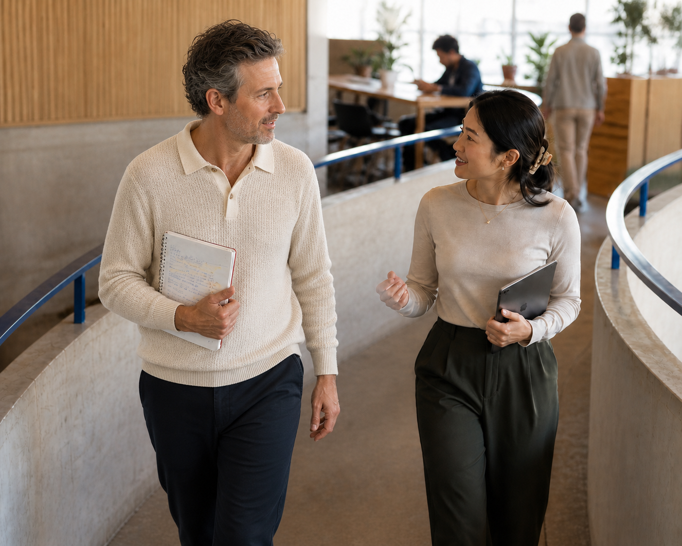 A middle-aged man and his colleague sharing knowledge while walking through a bright workplace